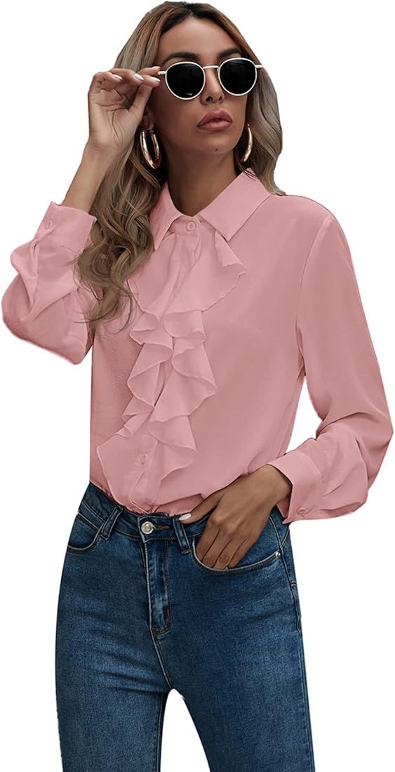 SheIn Women's Long Sleeve Button Down Lotus Ruffled Work Shirt Chiffon Blouse Tops | Amazon (US)