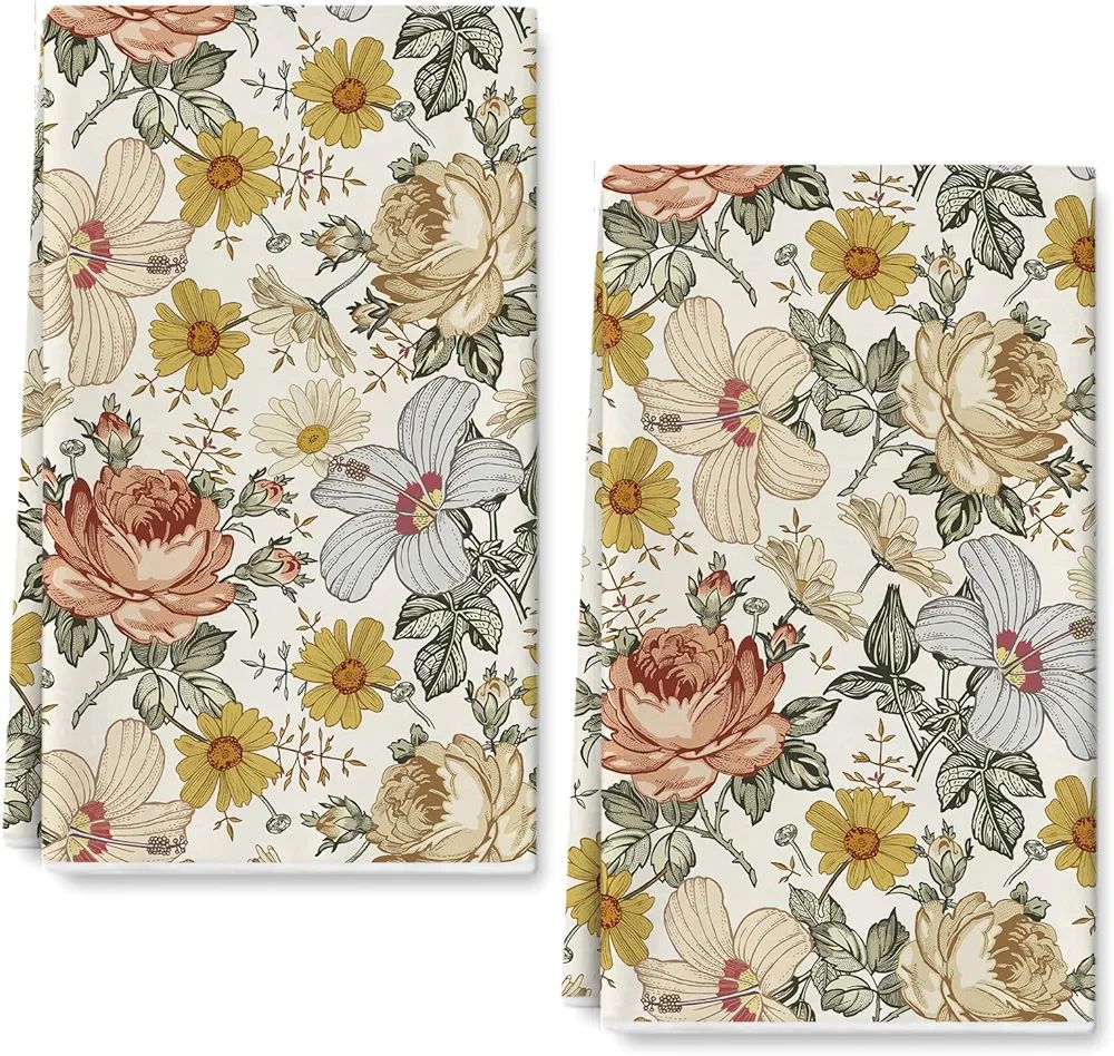 AnyDesign Vintage Floral Kitchen Towel 18 x 28 Inch Flower Dish Towel Retro Rose Chamomile Ultra ... | Amazon (US)