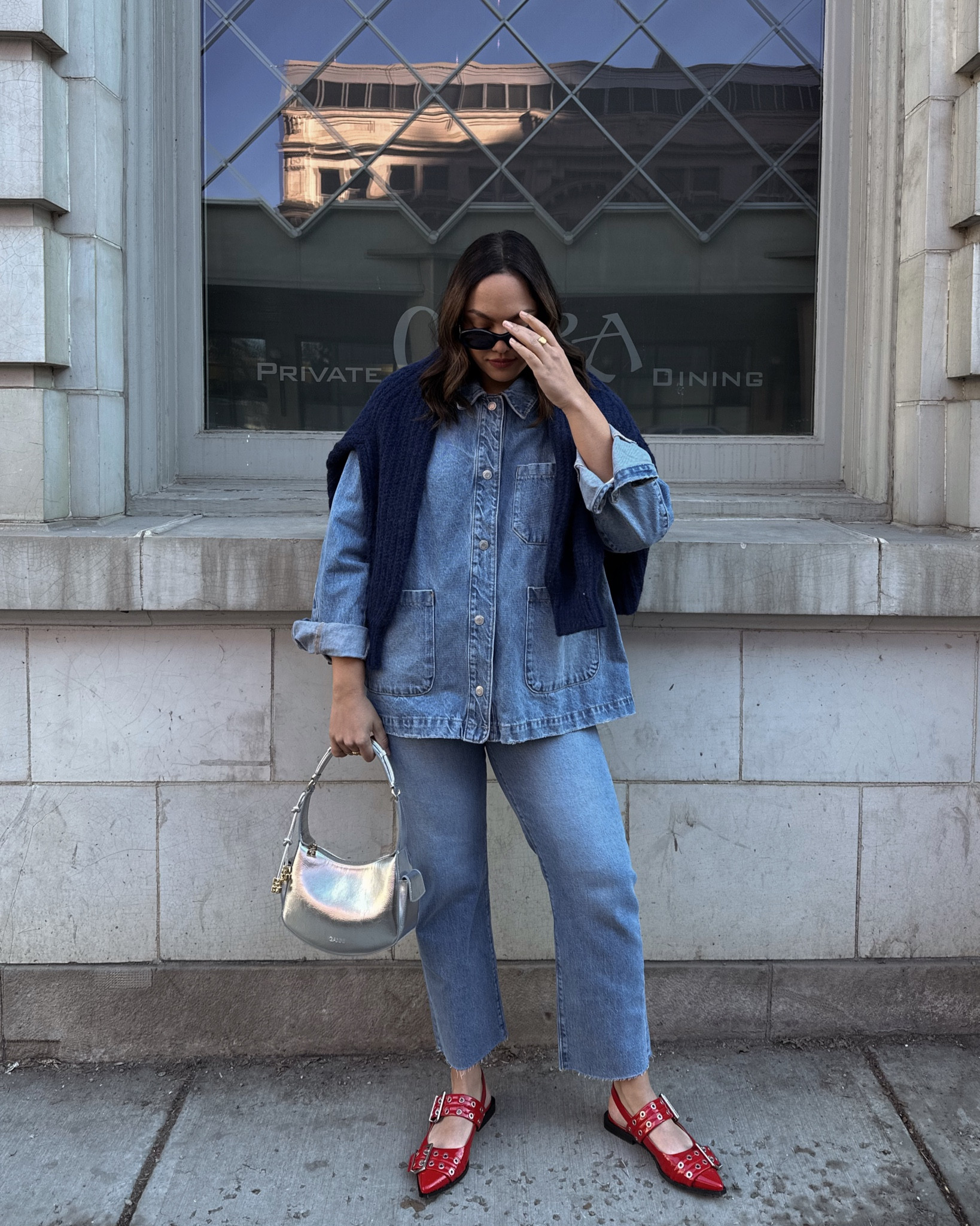 Outfit inspiration!
-Long denim shirt jacket, similar linked. 
-Ann Taylor medium wash straight jeans, I have a size 8. 
-Steve Madden red buckled flats, Steve Madden Graya flats in red. 
-Sézane navy blue knit cardigan, I have a size medium. 
-Ganni silver shoulder bag. Other colour and similar option linked. 
-Celine Triomphe sunglasses. 


#LTKshoecrush #LTKSeasonal #LTKstyletip