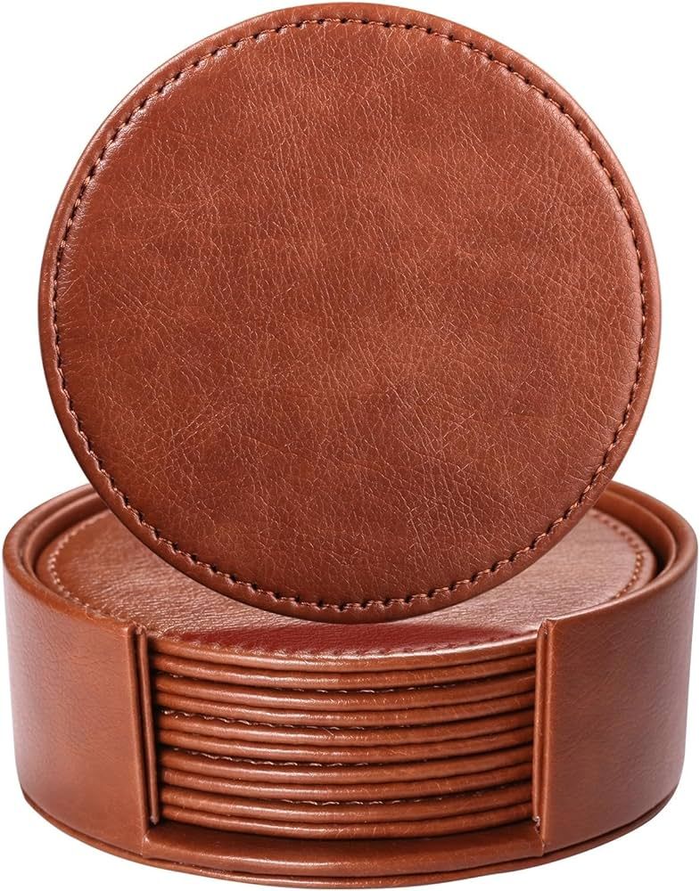 Drink Coasters with Holder, 4" Leather Coasters for Drinks Set of 6 for Tabletop Protection, Eleg... | Amazon (US)