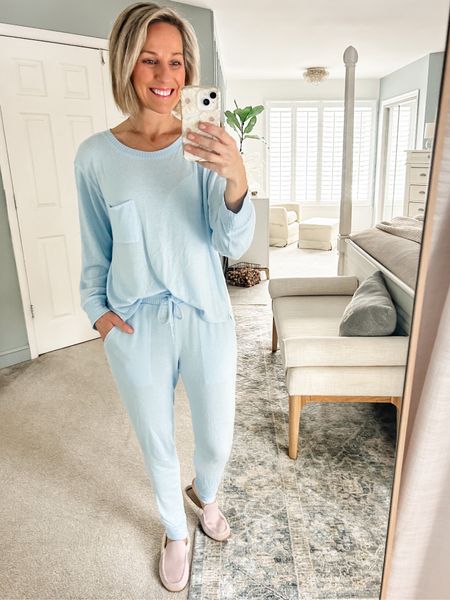 In love with this super cozy loungewear set from Target!
Wearing a size small.

Soft pajamas, cozy lounge sweatshirt, light blue sweatshirt, pajama set, cozy pullover sweatshirt, jogger pants, women’s lounge set, women’s pajama set. 

End of bed bench, upholstered bench.

Target, Target fashion, Target Style.

#LTKover40 #LTKstyletip #LTKMostLoved
