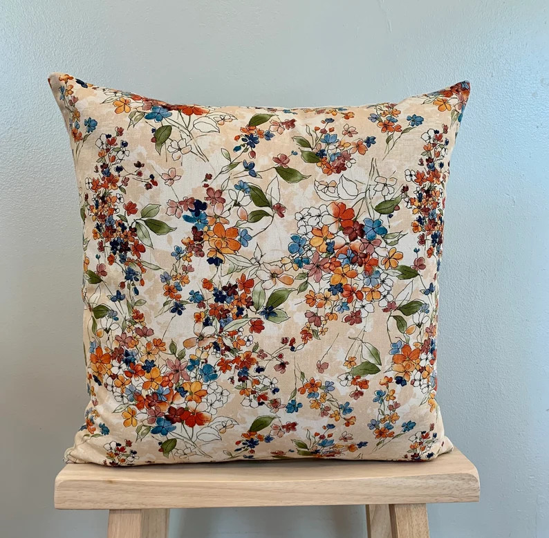 Fall Floral Pillow Cover, Rust, Blue, Cream Pillow Cover, Throw Pillows, Fall Throw Pillows, Rust... | Etsy (US)