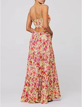 ABYOVRT Women Floral Maxi Dress Tie Front Cut Out Backless Boho Spaghetti Strap Summer Beach Sund... | Amazon (US)
