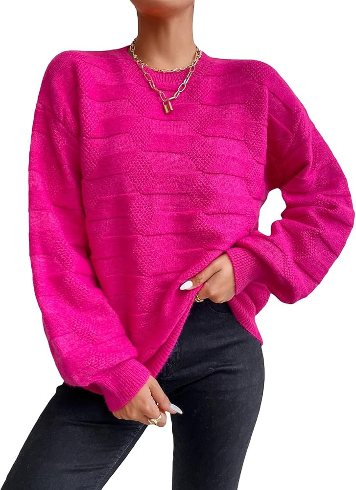 MakeMeChic Women's Textured Knit Lantern Sleeve Crew Neck Sweater Tops | Amazon (US)
