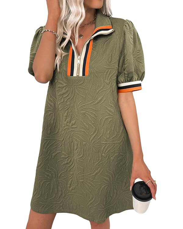 BLENCOT Summer Dresses for Women Casual Half Zip V Neck Short Sleeve Mini Sweatshirt Dress with P... | Amazon (US)