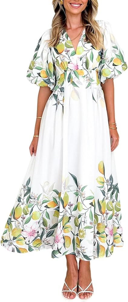 Women's Boho Floral Print Midi Dress Short Sleeve Summer Long Dress | Amazon (US)