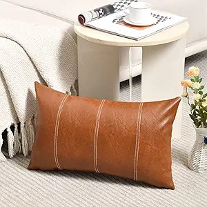 Fancy Homi Brown Boho Lumbar Faux Leather Decorative Throw Pillow Covers 12x20 Inch for Living Ro... | Amazon (US)