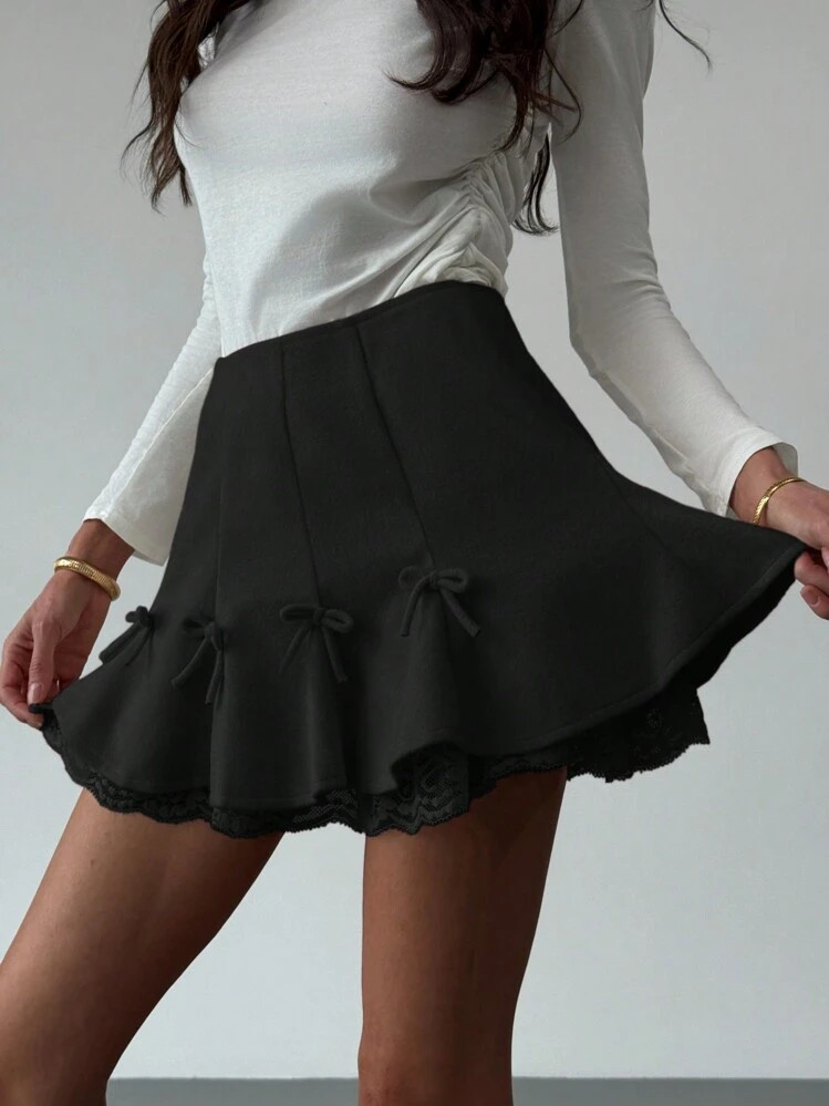 Aloruh Autumn/Winter New Sweet Bow Lace Patchwork High Waist Versatile Mini Skirt | SHEIN