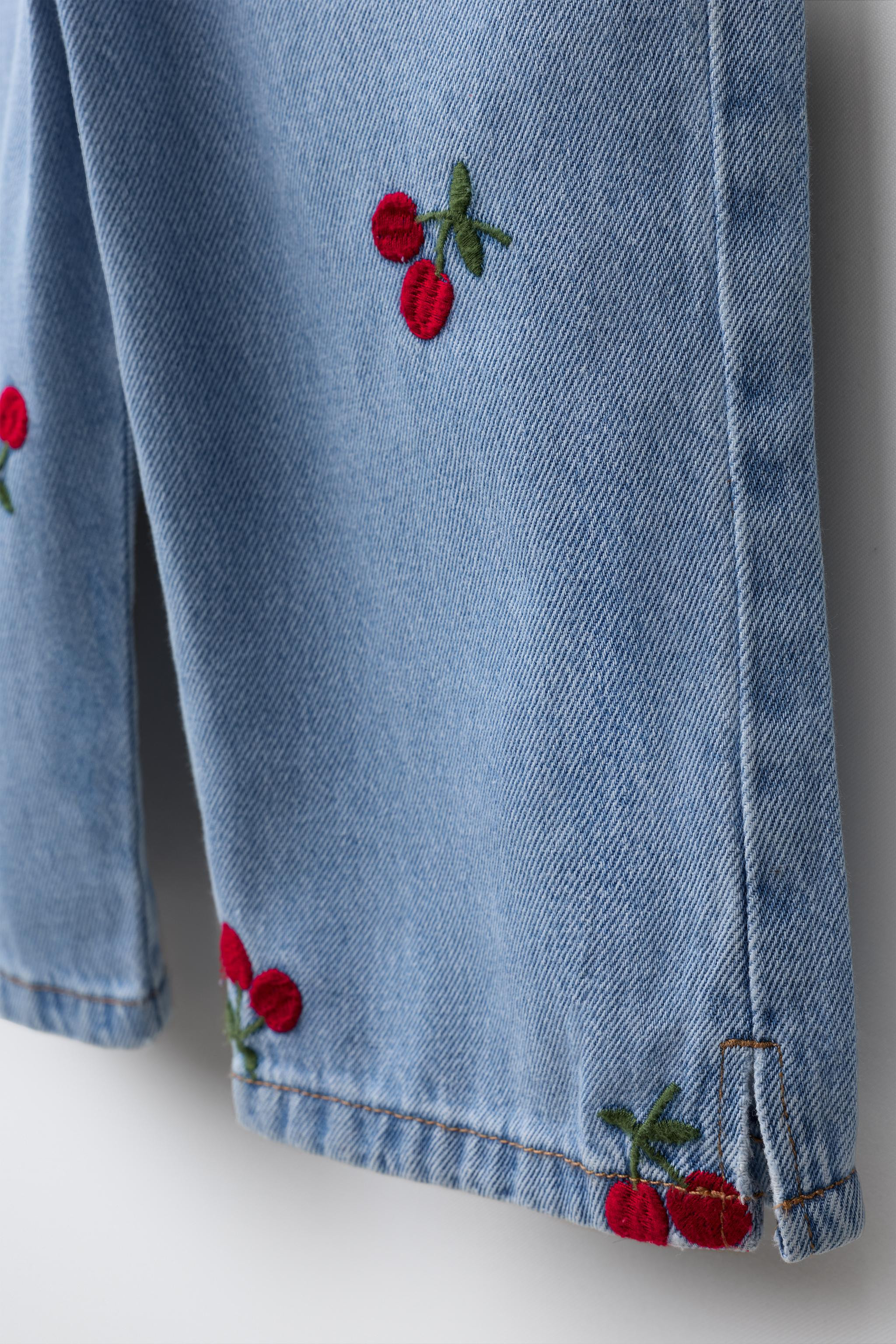 FULL-LENGTH CHERRY EMBROIDERED DENIM DUNGAREES | Zara UK