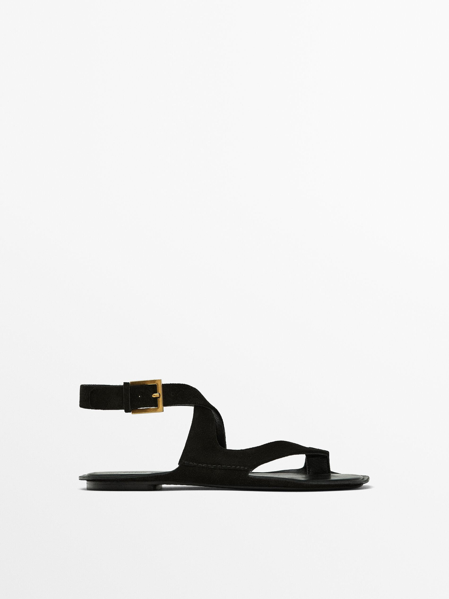 Split suede flat sandals | Massimo Dutti US