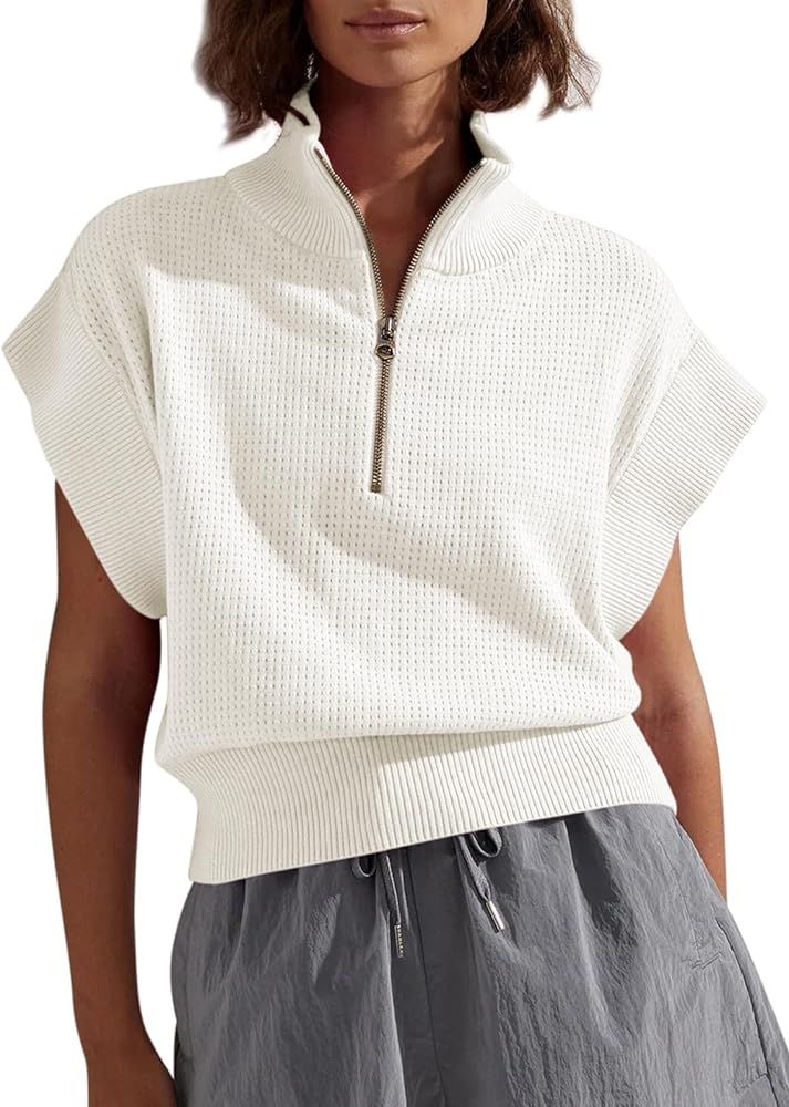Langwyqu Womens Short Sleeve Cropped Knit Tops Half Zip Cap Sleeve Lightweight Oversized Sweater ... | Amazon (US)
