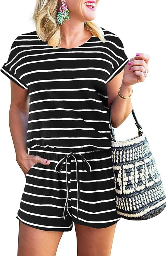 ANRABESS Women's Summer Short Sleeve Striped Jumpsuit Rompers with Pockets Short Pant Rompers Pla... | Amazon (US)