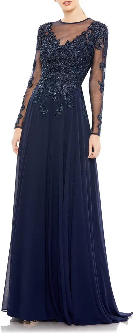 Beaded Illusion Lace Long Sleeve A-Line Gown | Nordstrom