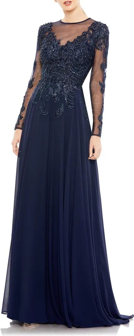 Beaded Illusion Lace Long Sleeve A-Line Gown | Nordstrom