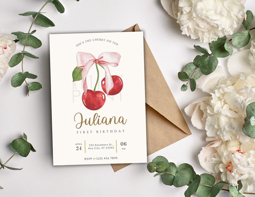 Editable Cherry on Top Birthday/baby Shower Invitation, First Birthday, Cherry and Bow Party, Per... | Etsy (US)