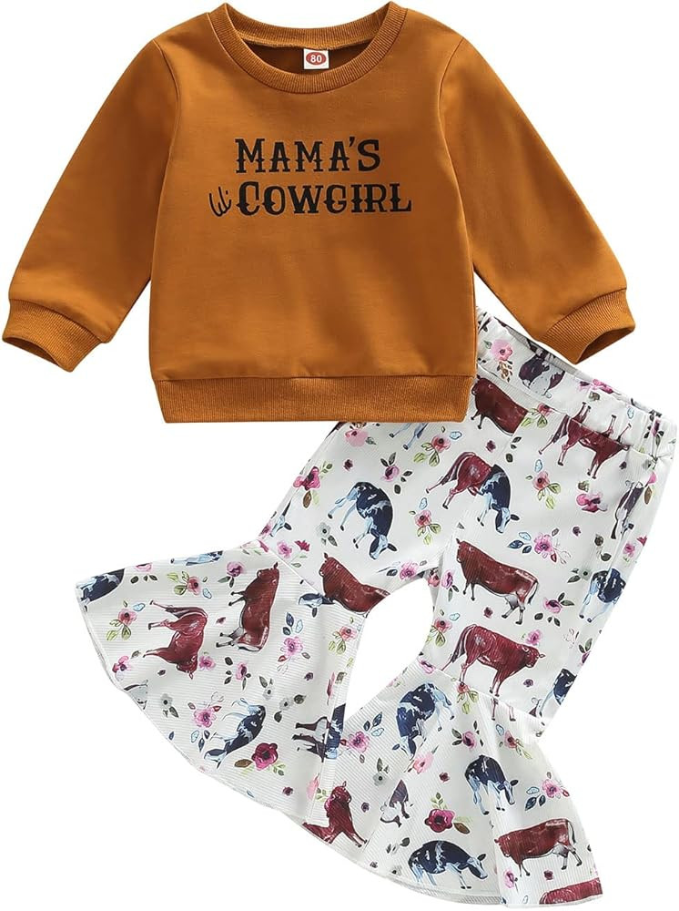 Toddler Baby Girl Western Outfit Letter Print Sweatshirt Top Cow Printed Flare Pants Set 2PCS Fal... | Amazon (US)