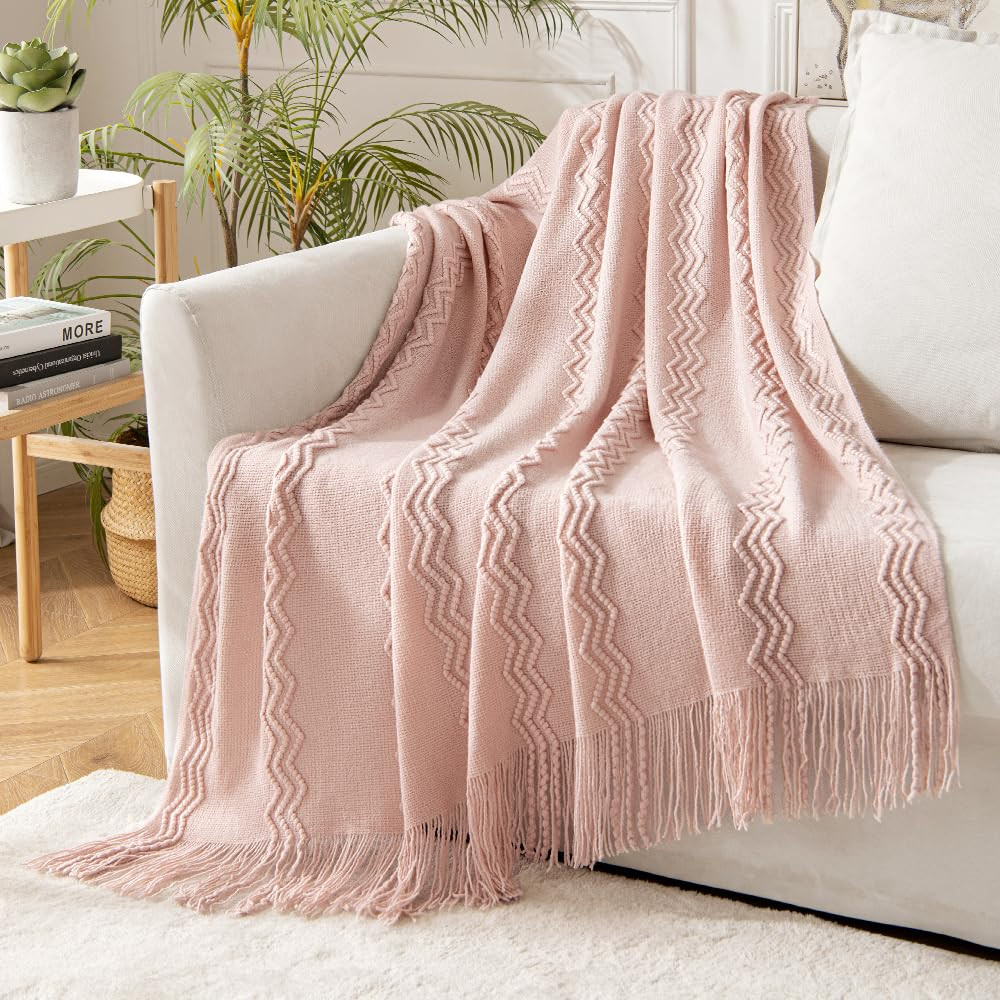 MIULEE Light Pink Knitted Throw Blanket for Couch Boho Textured Cozy Woven Blanket with Tassels f... | Amazon (US)