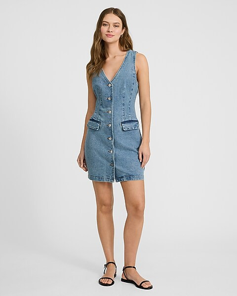 Medium Wash V-neck Mini Denim Vest Dress | Express