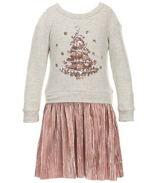 Little Girls Long-Sleeve French Terry Christmas Tree Motif Bodice/Metallic Plisse Skirted Drop-Wa... | Dillard's