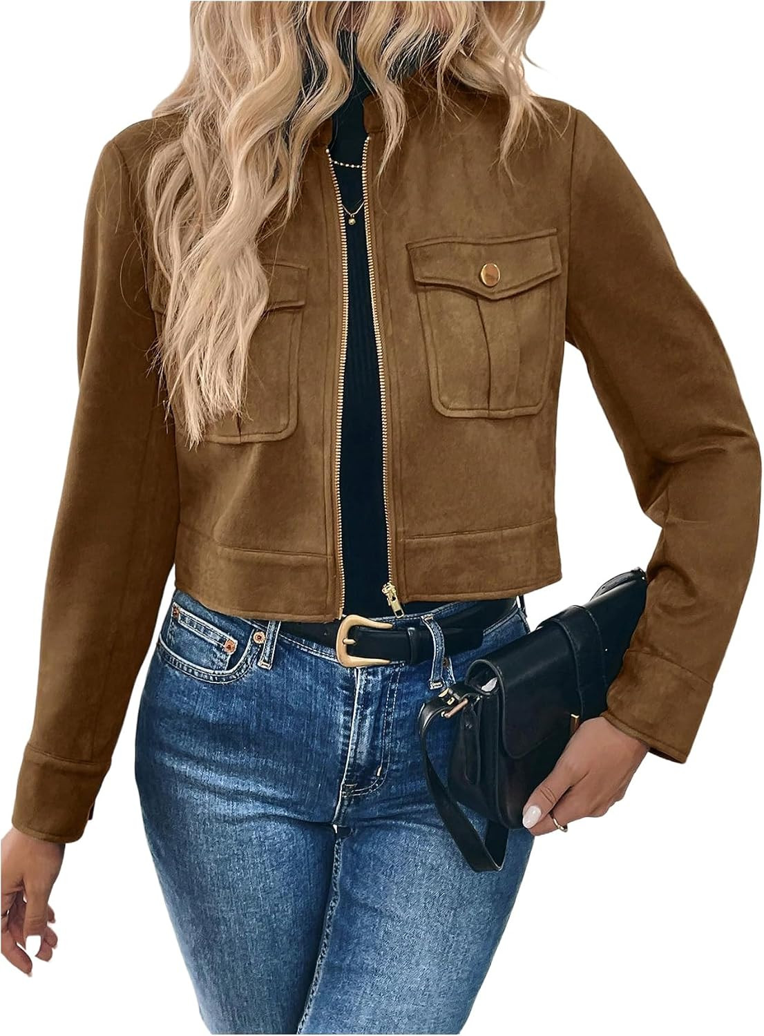 Verdusa Women's Zip Up Crop Jacket Faux Suede Motorcycle Cargo Jacket | Amazon (US)