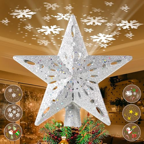 TEPENAR Christmas Tree Topper Star: 10" Xmas Tree Topper with 6 Projection Modes Built-in LED Rotating Projector Light 3D Glitter Star Tree Topper for Xmas Party Holiday Decoration - Silver | Amazon (US)