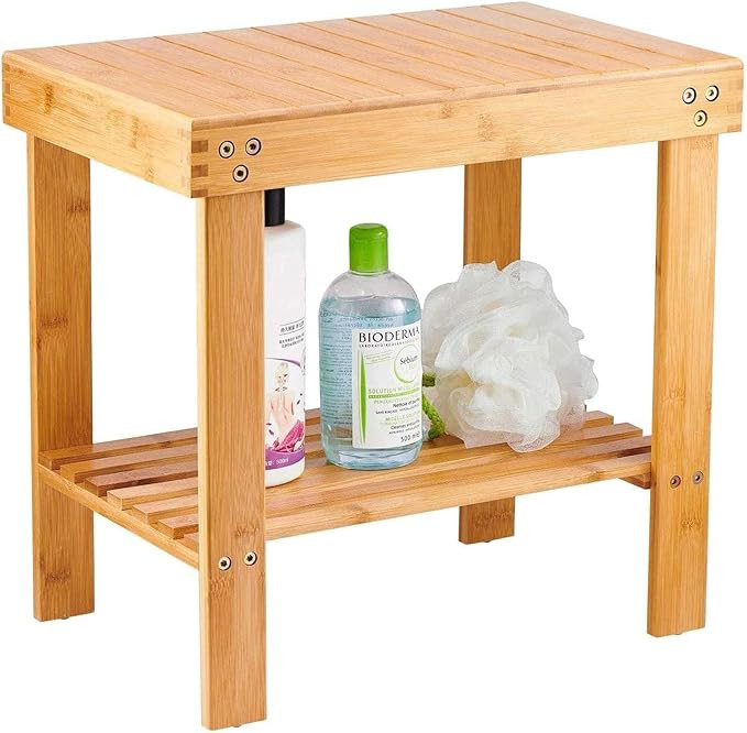 Bamboo Spa Bench Wood Seat Stool Foot Rest Shaving Stool with Non-Slip Feets Storage Shelf for Sh... | Amazon (US)