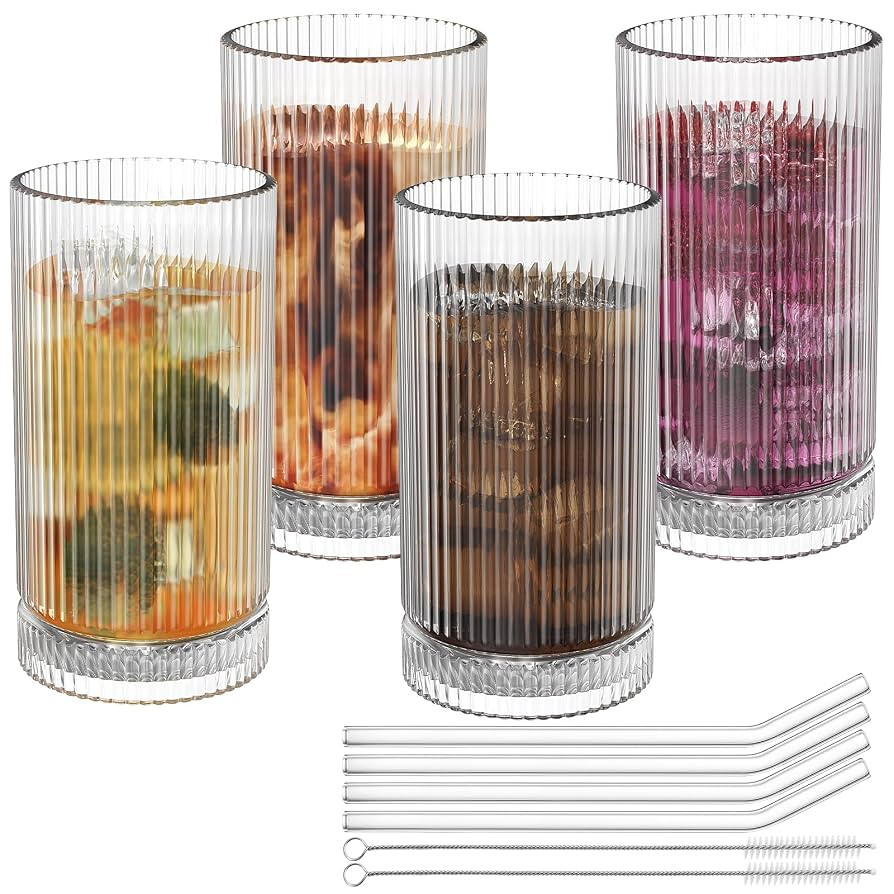 15 Oz Glass Cups with Straws, Vintage Glassware for Whiskey Cocktail Beer, Iced Coffee Cups and D... | Amazon (US)