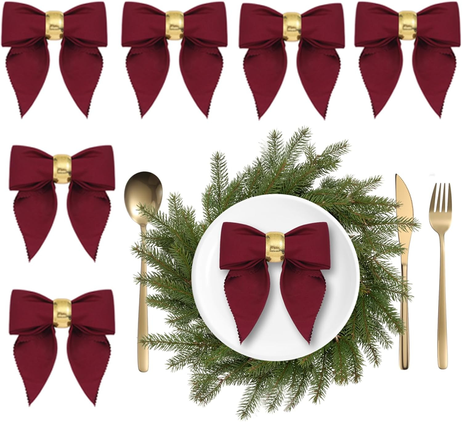 Jingmore 12 Pcs Christmas Napkins and Ring Set, 6 Bow Shape Napkins Cloth, 6 Gold Metal Dinner Tables Rings Holders for Christmas Winter Holiday Dinner Party Table Decoration(Burgundy) | Amazon (US)