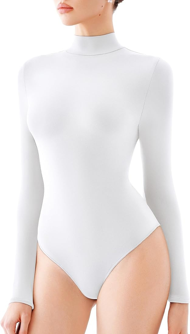REORIA Women's Turtle Neck Long Sleeve Bodysuit Basic Slim Fit Double Lined Lightweight Layering ... | Amazon (US)