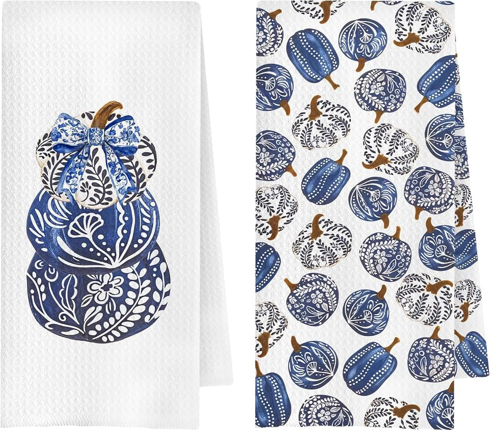 Blue and White Pumpkin Fall Kitchen Towels, Chinoiserie Pumpkin Autumn Dish Tea Towel for Kitchen... | Amazon (US)