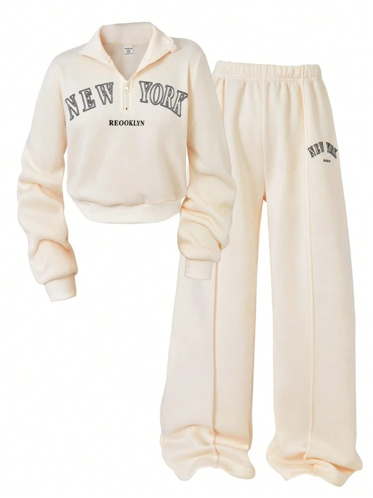 SHEIN Tween Girls 2pcs Set, New York Letter Graphic Mock Neck Sweatshirt And Shorts, Casual For S... | SHEIN