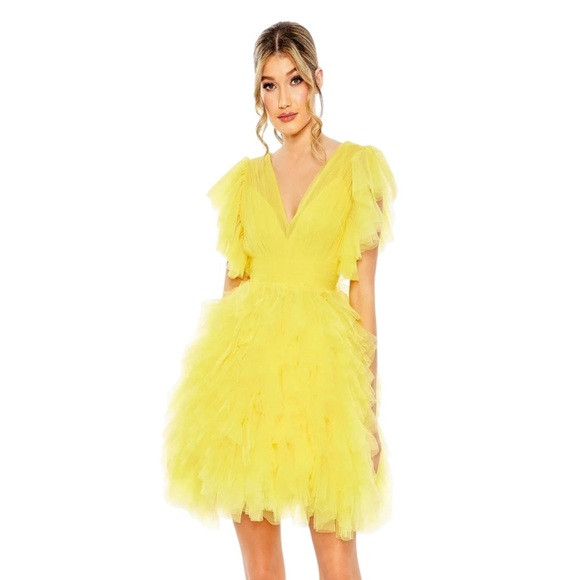Mac Duggal Style 205051 Yellow Ruffle Tulle Cocktail Dress SZ 4 NWT | Poshmark