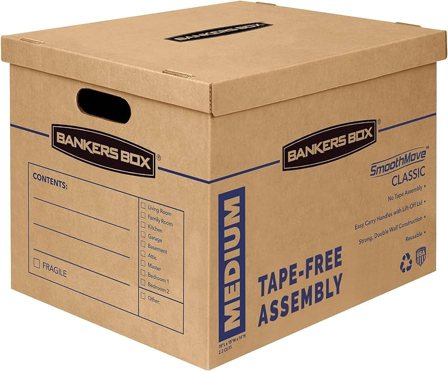 Bankers Box Medium Classic Moving Box 8 Pack, Reinforced Handles, Tape-Free Assembly, Box with Li... | Amazon (US)