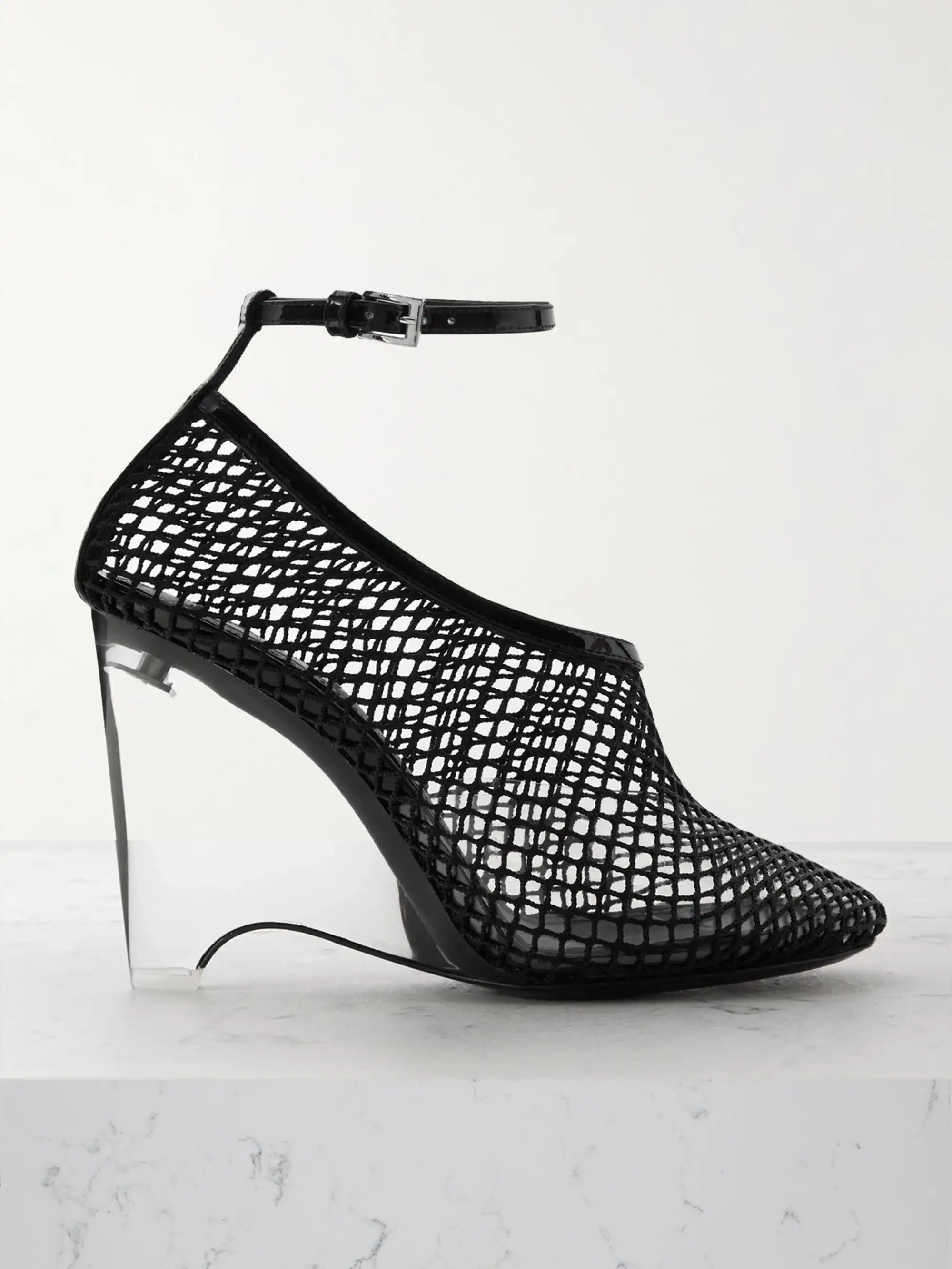 100 patent leather-trimmed fishnet wedge pumps | NET-A-PORTER (US)