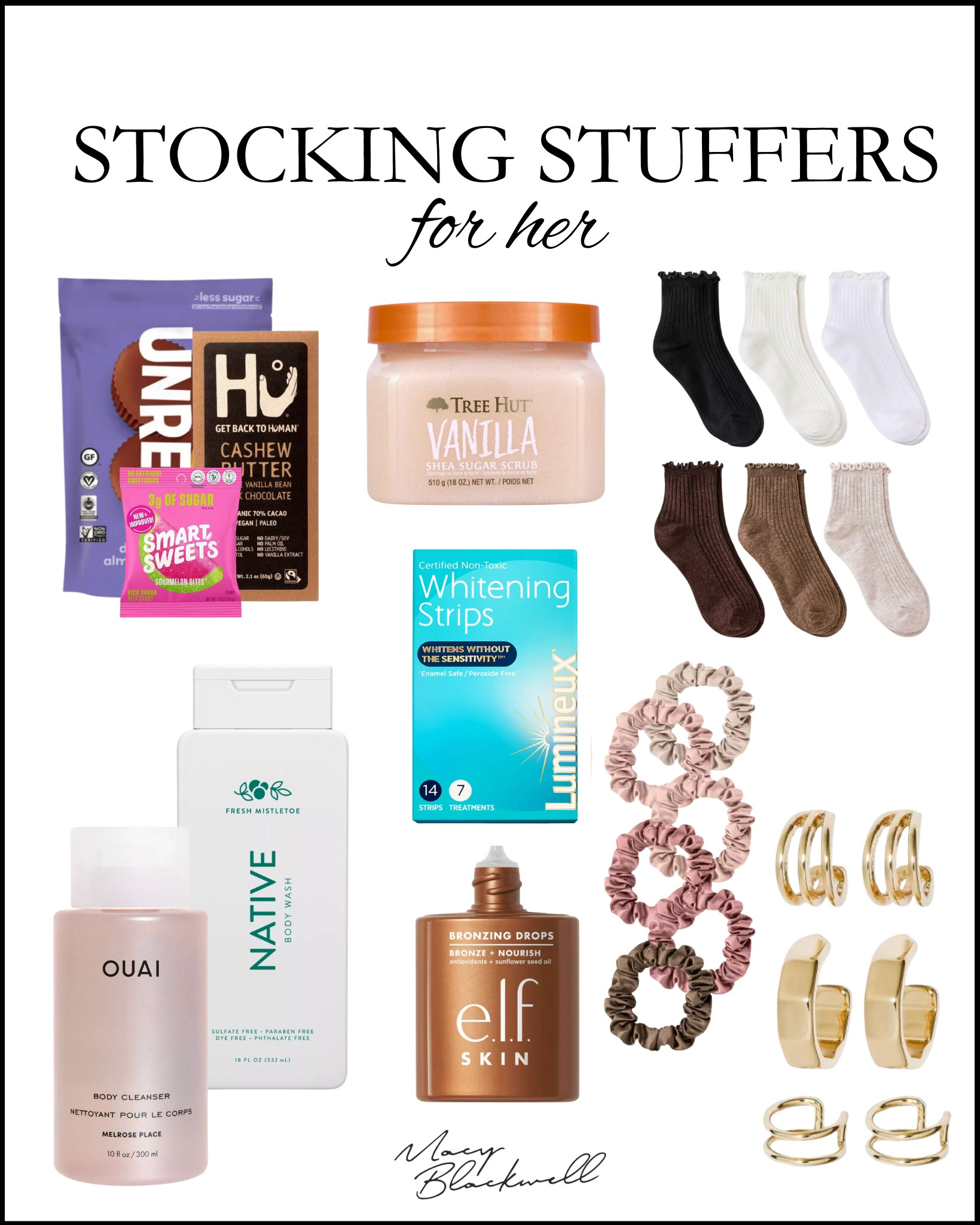 Stocking stuffers for her 
Women’s stocking stuffers 
Body wash
Whitening strips
Socks
Earrings
Scrunchies 
Makeup 
Snacks 

#LTKHoliday #LTKCyberWeek #LTKGiftGuide