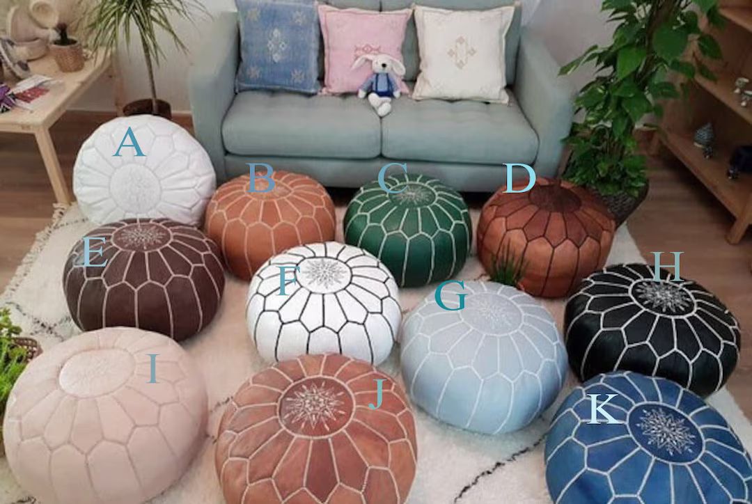 Moroccan POUF 50% OFF With White Stitching Leather Pouf Ottoman Pouf Morrocan Leather Pouf Morocc... | Etsy (US)