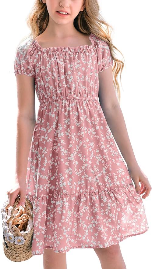 Girls Summer Dress Kids Floral Square Neck Puff Sleeve A-Line Midi Dresses | Amazon (US)