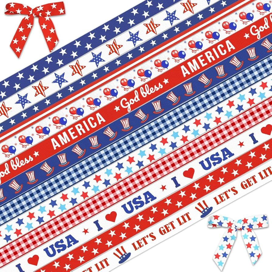 Hying 12 Rolls Patriotic Ribbon for Wrapping Gifts, Patriotic Grosgrain 4th of July Ribbons for G... | Amazon (US)