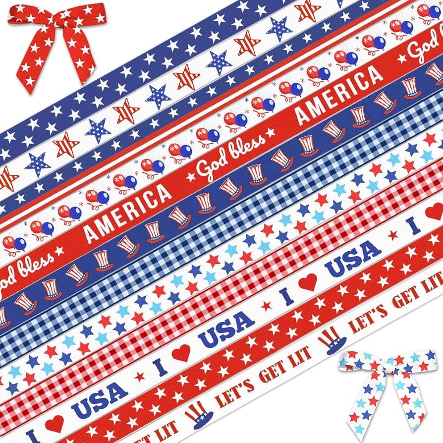 Hying 12 Rolls Patriotic Ribbon for Wrapping Gifts, Patriotic Grosgrain 4th of July Ribbons for G... | Amazon (US)