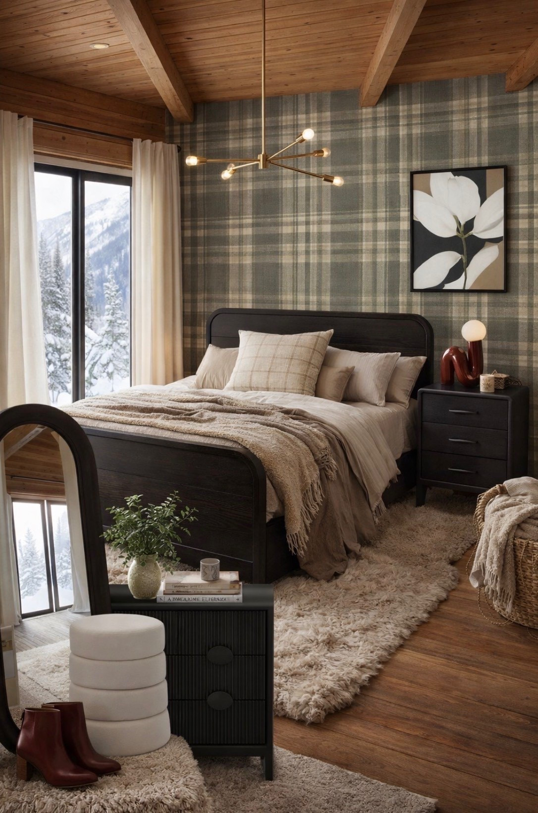 Cosy cabin-inspired bedroom. I love the black queen bed and nightstand from Article, white velvet curtains, plaid wallpaper, full length mirror, velvet storage ottoman and a black dresser, abstract wall art. #bedroom #homedecor

#LTKSeasonal #LTKHome #LTKTravel