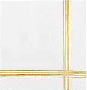 100 White Gold Napkins 3-ply Cocktail Napkins Foiled 5 x 5 Inches Napkins Gold Foil Trim Stripe D... | Amazon (US)