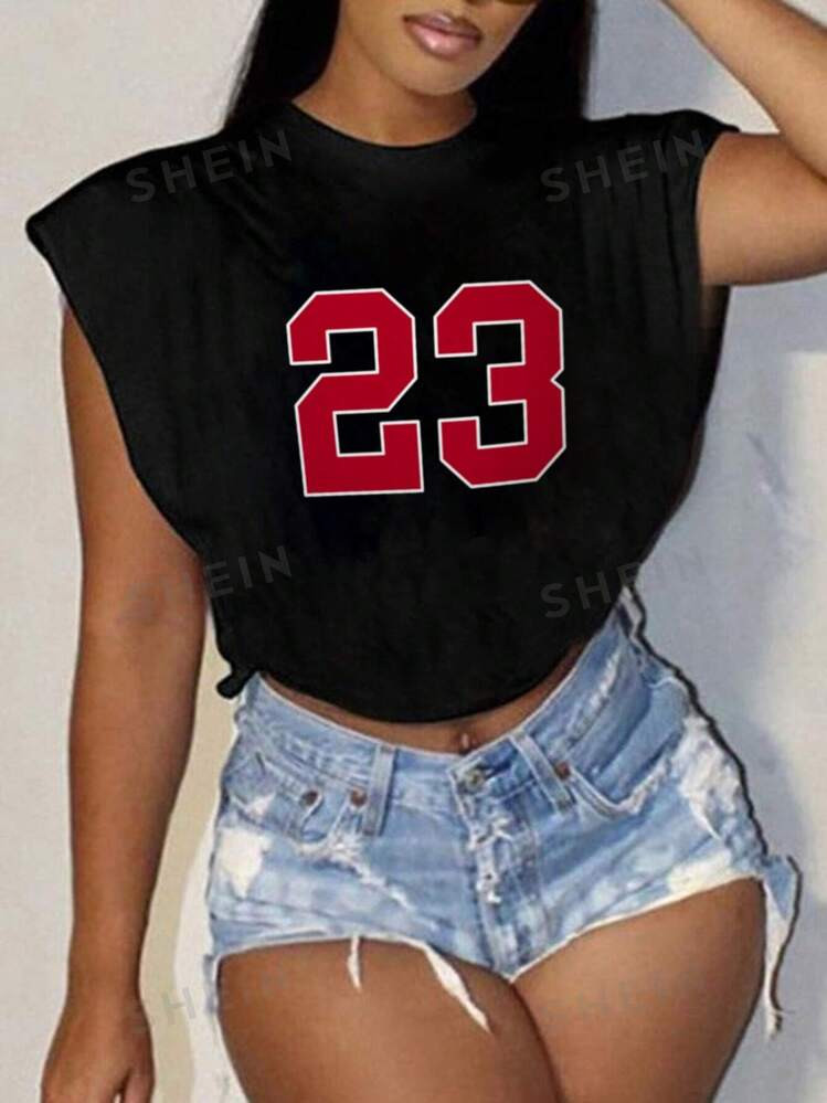 SHEIN Slayr Casual Simple 23# Pattern Crew Neck Sleeveless Loose Cropped Women T-Shirt Suitable F... | SHEIN