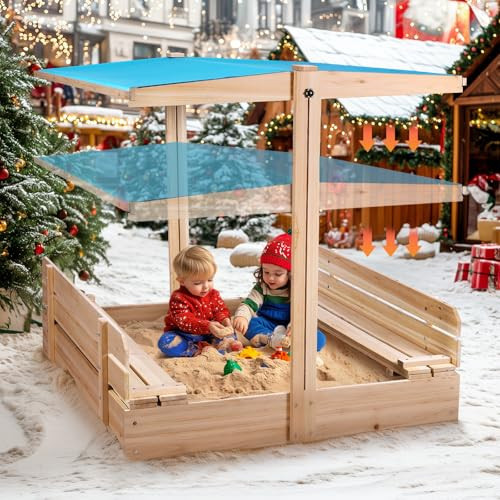 FUNTOK Sandbox with Lid and Cover, Wooden Cabana Sand Box with Canopy for Kids Ages 3-8, Retractable & Rotatable Roof, UV-Resistant Sandbox w/2 Foldable Bench Seats for Backyard, Patio, Outdoor Play | Amazon (US)