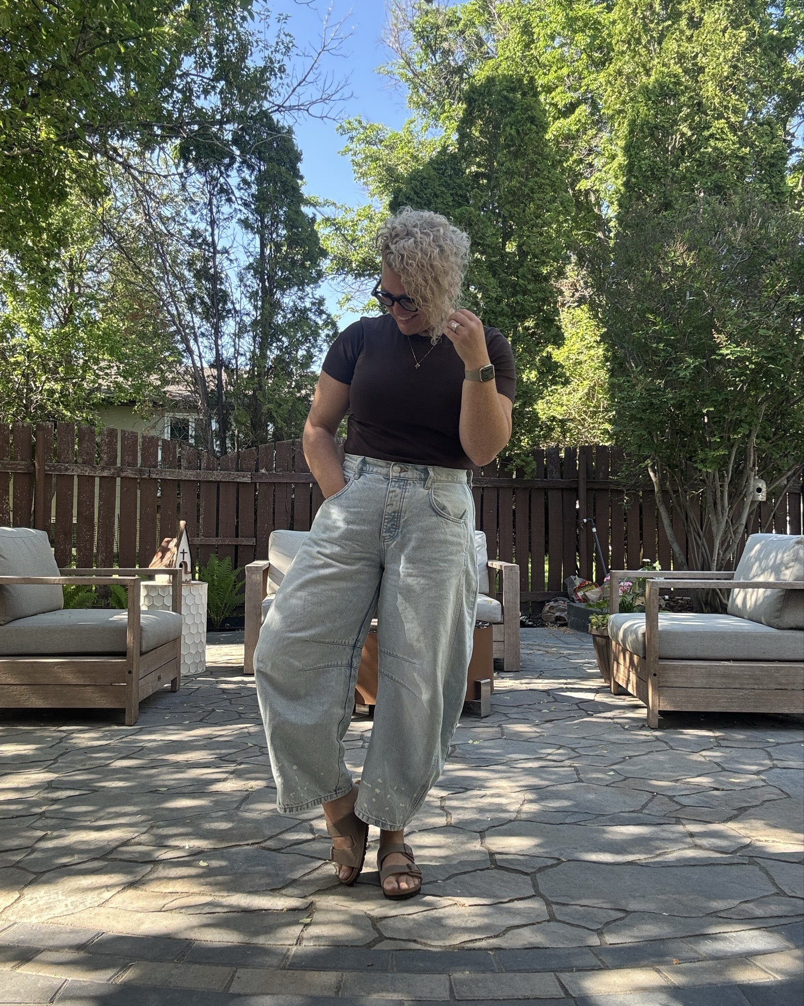 The barrel denim I’m wearing on REPEAT this Spring. 

They’re baggy, but hit at all the right places so you still look put together. Size down ONE from your regular size as these fit BIG. Also, comes in THREE DIFFERENT LENGTHS 🙌🏻. I’m wearing the Short (I’m 5’3), and comes in Regular and Long as well. This colour is selling fast so, RUN 🏃‍♀️. Colour: Aegean 

Shirt is a classic, also fits a bit oversized. I sized down from my usual medium and am wearing an XS. 

Sandals are a staple. Love that they’re neutral and go with everything. These ones have a softbed so they don’t take as long to break in. 


#LTKspring #LTKsummer #LTKstyletip