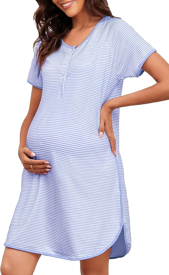Stripe Maternity Nursing Nightgowns Women Buttons Pregnancy Short Sleeve Nightdress Soft Side Spl... | Amazon (US)