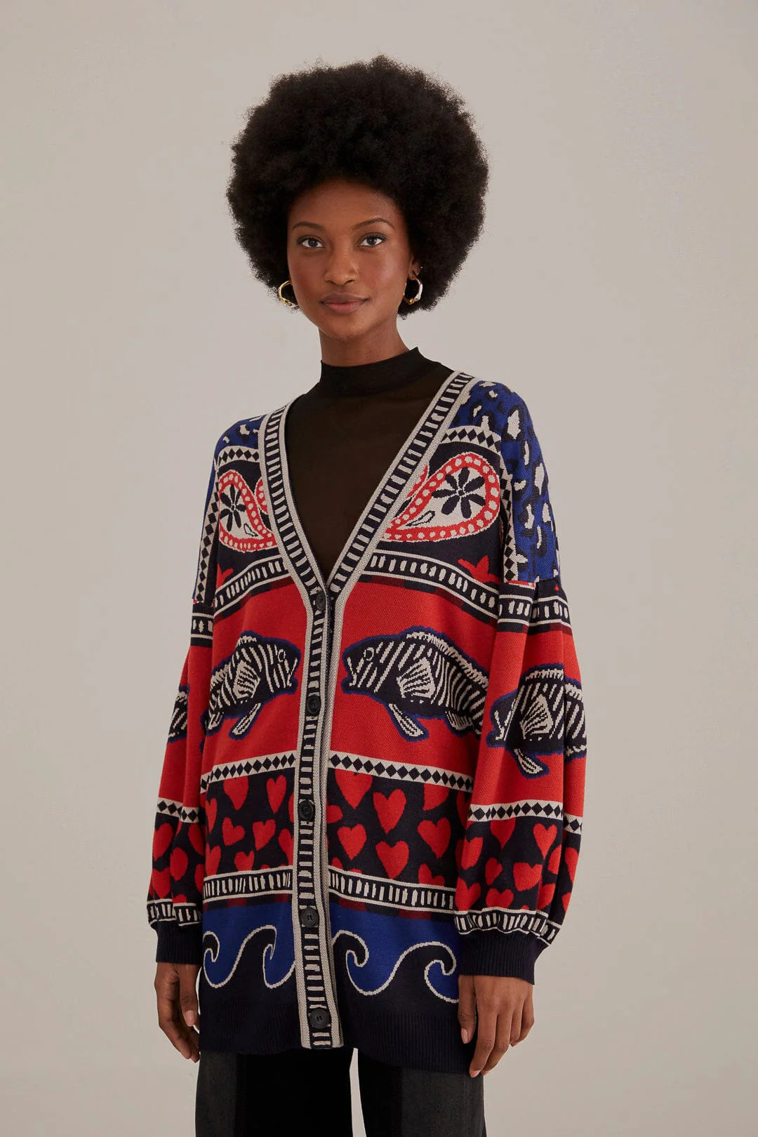 Navy Mixed Prints Knit Cardigan | FarmRio (US)