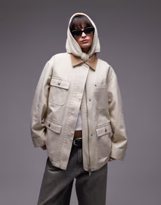 ARKET oversized workwear barn jacket in off-white with flap pockets and contrast collar | ASOS (Global)