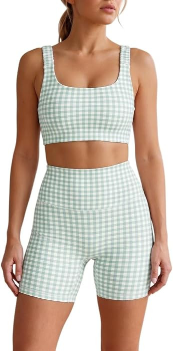 NEWHER Womens Gingham Workout Sets 2 Piece Summer Outfits Athletic Sports Bra High Waist Shorts S... | Amazon (US)