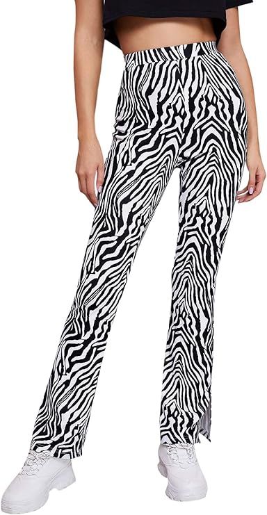 Milumia Women's Zebra Print Fashion Pants Elastic High Waist Slit Hem Casual Pants | Amazon (US)