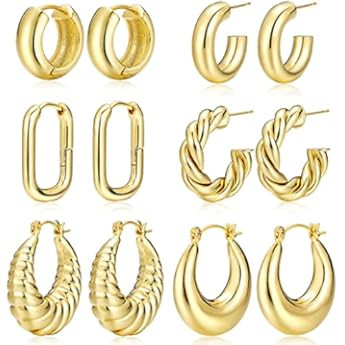 Amazon.com: Gold Hoop Earrings Set for Women, 14K Gold Plated Lightweight Hypoallergenic Chunky Open | Amazon (US)